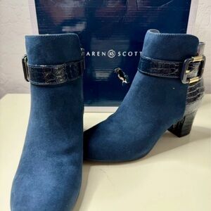Karen Scott Navy Suede Ankle Booties with Croc-Accent Strap & Gold Buckle